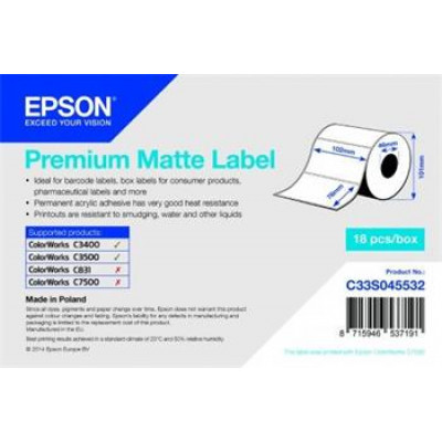 Epson Premium Multipurpose Label C33S045532 - 102 mm Width x 76 mm Length - Rectangle - 440 Label per Roll - for Epson ColorWorks C831, C3400, C3500, C7500